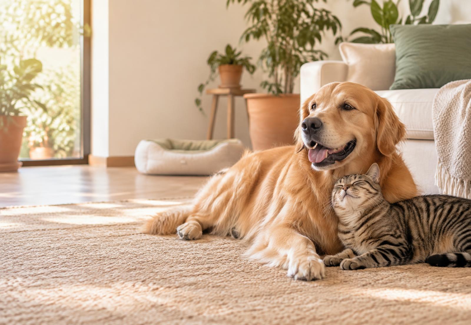 Un perro y un gato descansan juntos en un hogar cálido